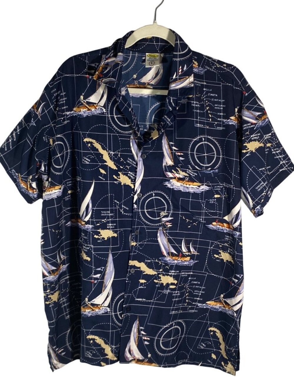 Mens Navy Sailing Map Print Hawaiian Shirt By Rima Size L Short Sleeve Button-Up